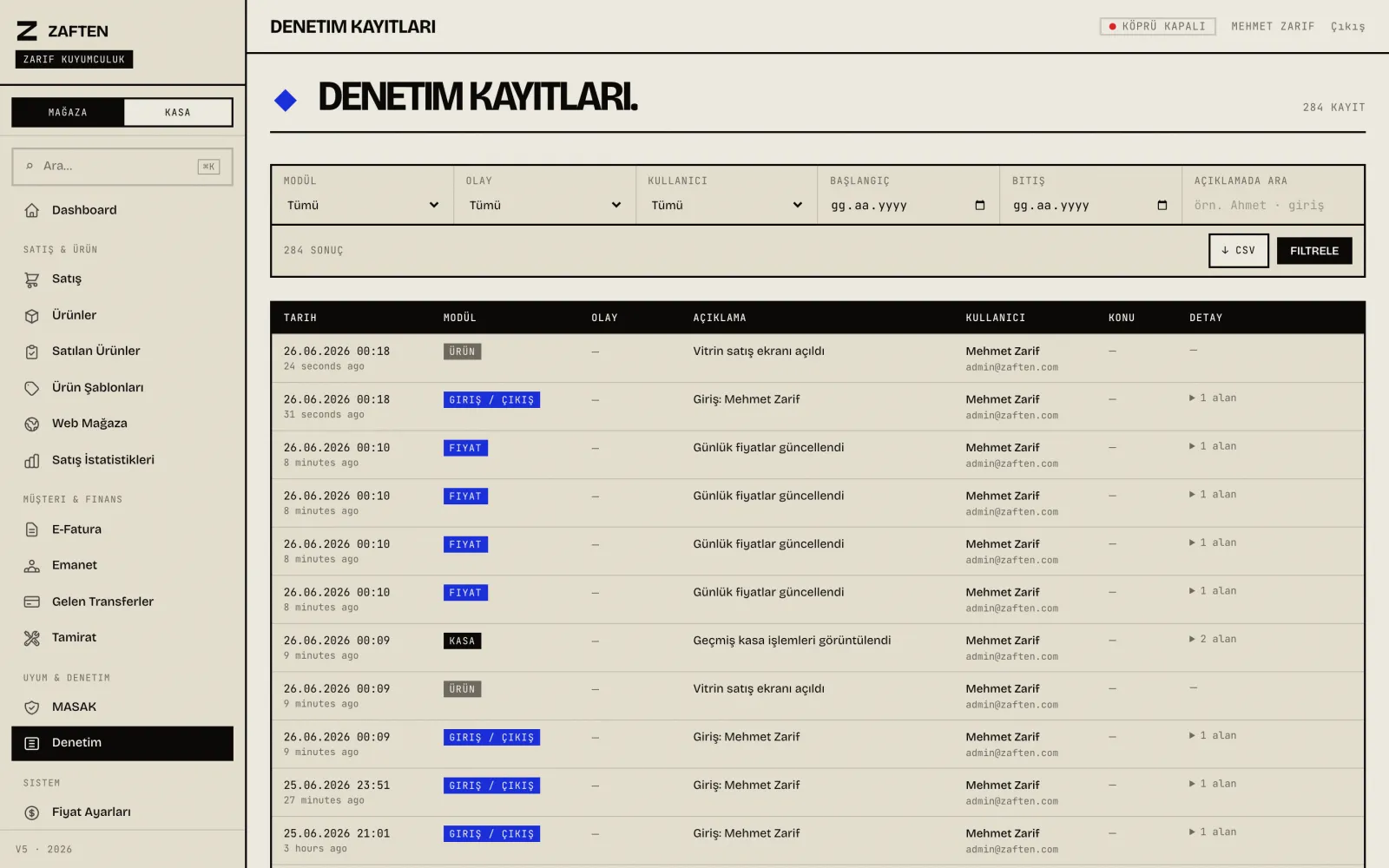 Zaften Denetim & Personel ekranı